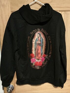 SHEIN Black Hooded Sweatshirt with Virgin Mary and Floral Graphic